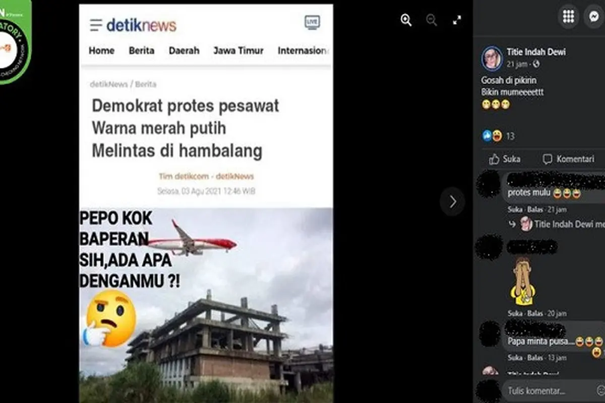 Gambar Tangkapan Layar Kabar Partai Demokrat Protes Pesawat Warnah Merah Putih Melintas di Hambalang (sumber: Facebook).