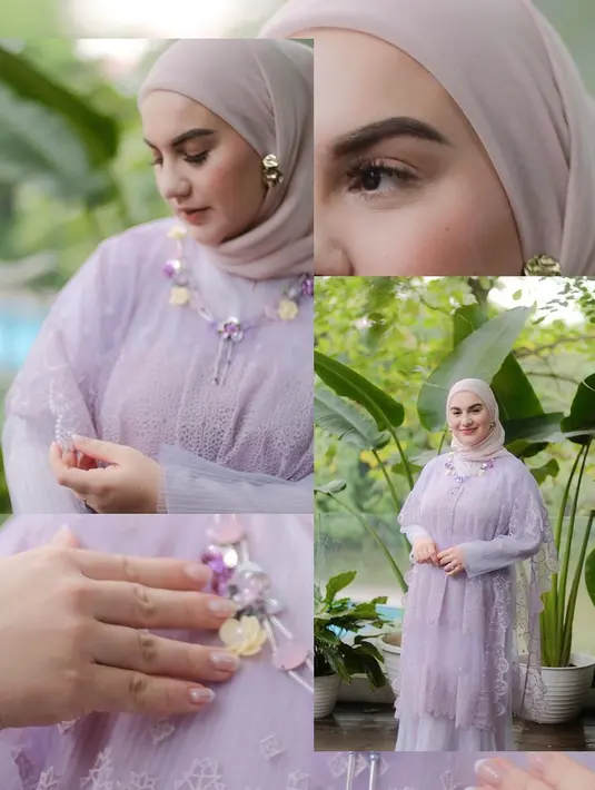Dress yang dihiasi kristal dan manik-manik ini dipadukan dengan hijab warna lavender.  (Instagram/_irishbella_).