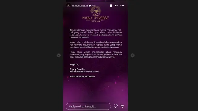 Poppy Capella Mengaku Tahu Dugaan Pelecehan Seksual Finalis Miss Universe Indonesia dari Media