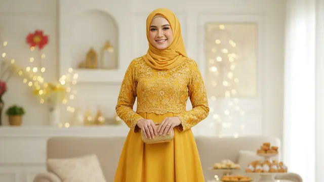 Gamis Batik Brokat Warna Golden Yellow dengan Princess Cut