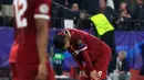 Pemain Liverpool, Roberto Firmino tertunduk di akhir laga kelima Grup E Liga Champions kontra Sevilla di Stadion Ramon Sanchez Pizjuan, Rabu (22/11). Sempat unggul tiga gol, Liverpool kemudian justru diimbangi Sevilla 3-3. (AP/Miguel Morenatti)