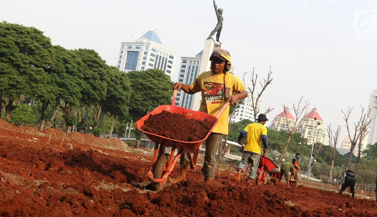 Pekerja mengangkut tanah untuk menyelesaikan pengerjaan proyek revitalisasi Lapangan Banteng di Jakarta Pusat, Rabu (1/11). Segmen tersebut yakni revitalisasi taman dan patung, pagar, serta revitalisasi lapangan olahraga. (Liputan6.com/Immanuel Antonius)
