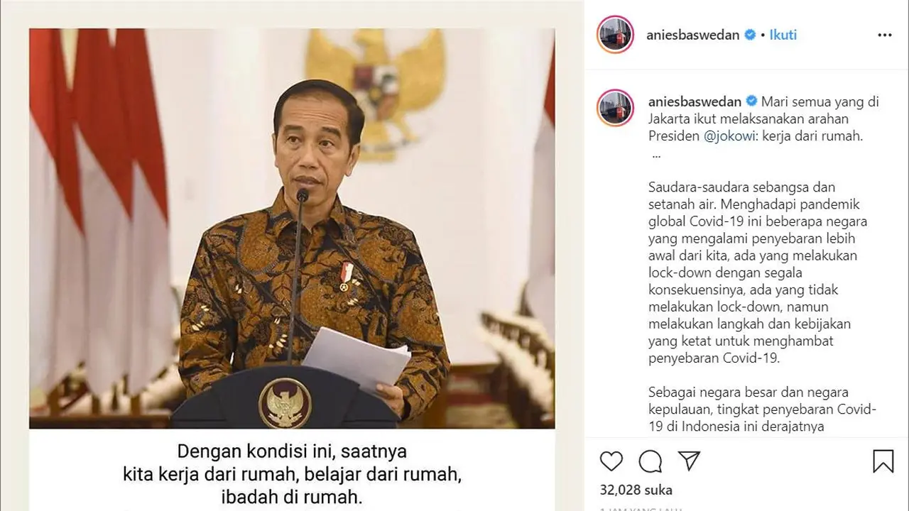 Gubernur DKI Jakarta Anies Baswedan mengimbau agar seluruh warga Jakarta untuk melaksanakan arahan Presiden Joko Widodo atau Jokowi untuk bekerja di rumah.