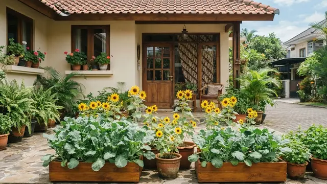 Inspirasi Taman Teras dengan Bunga Hias dan Sayuran Daun