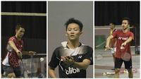 Deretan pebulutangkis tunggal putra masa depan Indonesia, Jonatan Christie, Ihsan Maulana Mutofa dan Anthony Ginting (kiri-kanan) saat berlatih di Pelatnas Cipayung. (Bola.com/Vitalis Yogi Trisna)