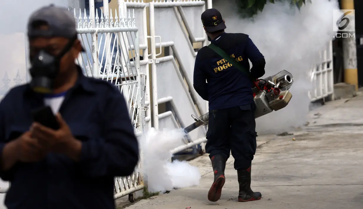 Petugas melakukan pengasapan atau fogging di permukiman warga di Jalan Delima Raya, Jakarta Barat, Selasa (30/4/2019). Pengasapan tersebut untuk mencegah penyebaran penyakit Demam Berdarah Dengue (DBD) melalui nyamuk Aedes Aegypti saat musim hujan mulai terjadi di Jakarta. (Liputan6.com/Johan Tallo)
