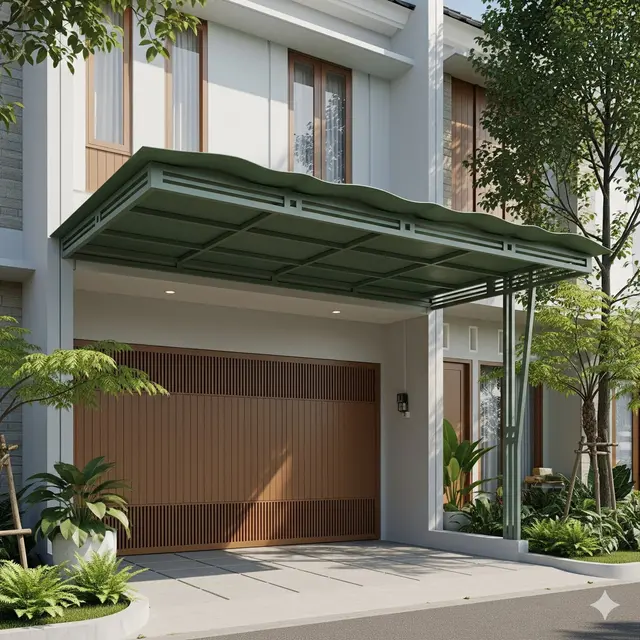 Garasi Eco-Friendly dengan Kanopi Metal Sheet Bergelombang Modern
