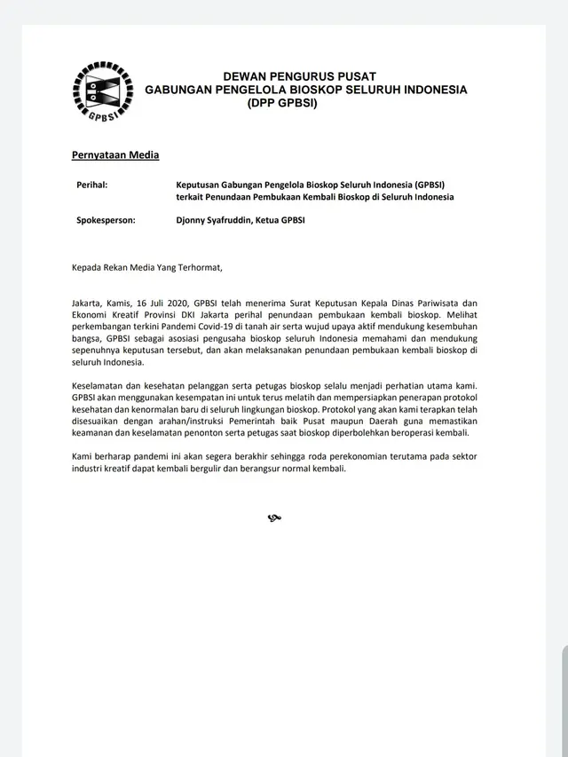 Surat edaran GPBSI. (Foto: atas perkenan Cinema XXI)