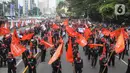 Aksi unjuk rasa buruh ini diikuti sejumlah elemen serikat pekerja di wilayah Jabodetabek, seperti KSPI, KSPSI, KPBI, Serikat Petani Indonesia (SPI), serta organisasi perempuan PERCAYA. (Liputan6.com/Angga Yuniar)