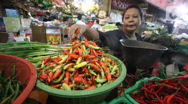 Aktivitas pedagang cabai di pasar Kebayoran Lama, Jakarta, Kamis (6/2/2020). Harga cabai dan bawang putih mengalami kenaikan hingga mencapai dua kali lipat akibat musim hujan. (Liputan6.com/Angga Yuniar)