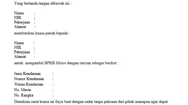 Contoh surat kuasa pengambilan BPKB