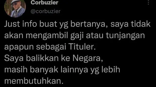 Deddy Corbuzier tak akan ambil gajinya dari pangkat Titulernya. (Foto: Twitter)