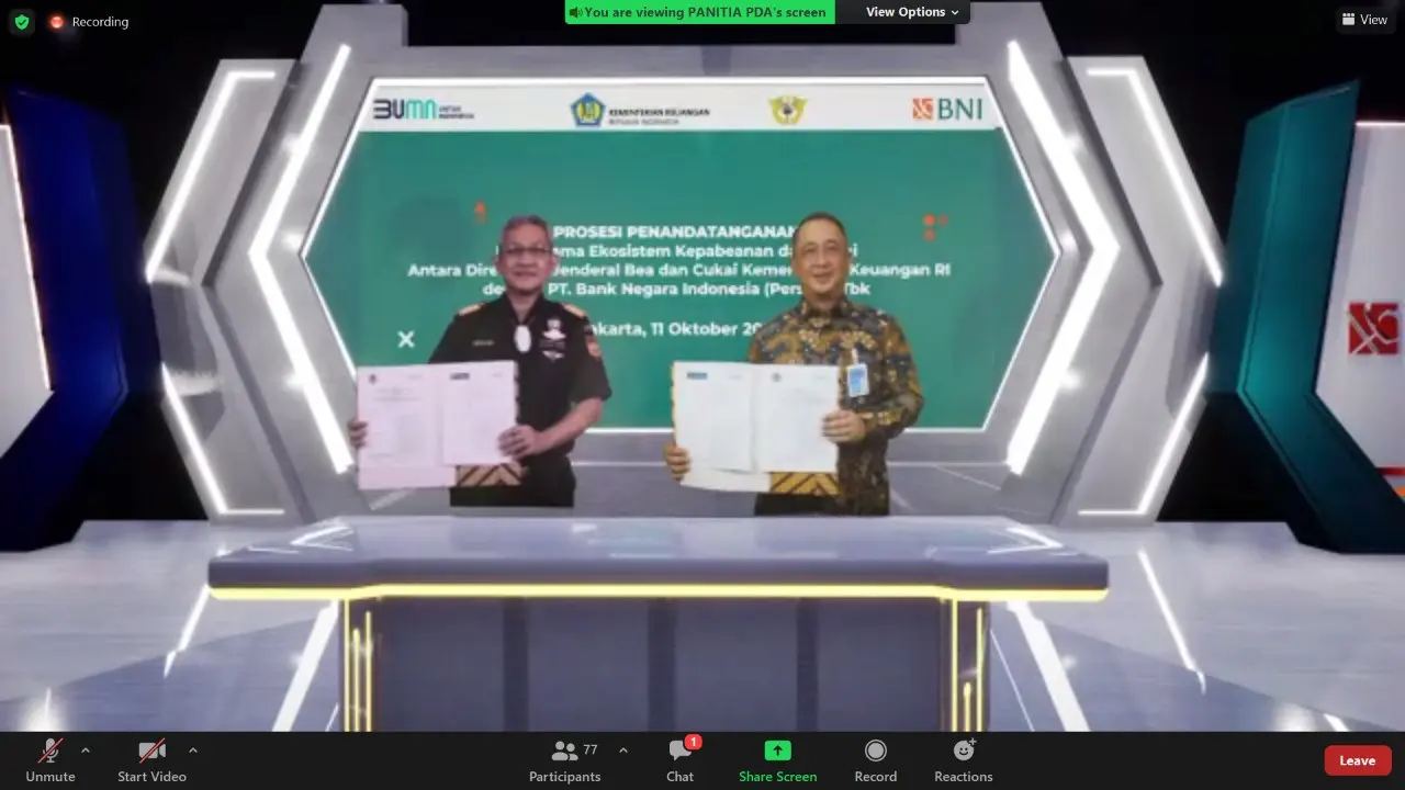 Penandatanganan Perjanjian Kerja Sama (PKS) secara virtual antara Direktur Utama BNI Royke Tumilaar dan Dirjen Bea dan Cukai Askolani di Jakarta pada Senin, 11 Oktober 2021. Dok BNI