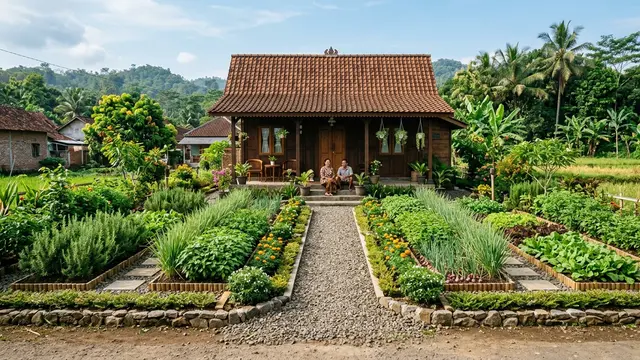 Rumah Desa dengan Taman Simetris dan Bedeng Bumbu di Sisi Jalan Masuk (AI Generated)