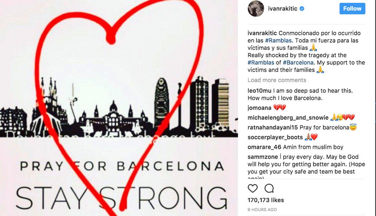 Ivan Rakitic memasang logo hati mengitari kota Barcelona pada akun Instagram miliknya sebagai bentuk simpatik terhadap korban teror Barcelona. (Bola.com/Instagram/Ivan Rakitic)