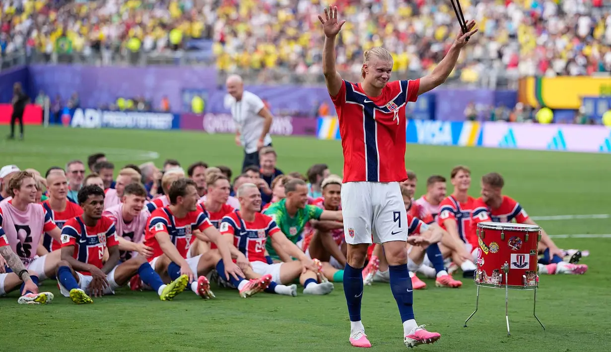 Pemain Erling Haaland usai pertandingan sepak bola babak 16 besar Piala Dunia antara Brasil dan Norwegia di East Rutherford, N.J., dekat New York, Minggu, 5 Juli 2026. (AP Photo/Frank Franklin II)