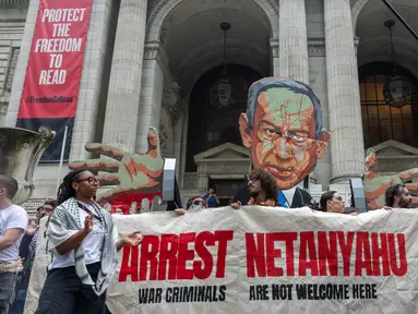 Protes ini bertepatan dengan Sidang Umum PBB yang berlangsung di kota tersebut dan dihadiri oleh Perdana Menteri Israel Netanyahu. (Alex Kent/Getty Images North America/Getty Images via AFP)