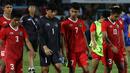Timnas Indonesia U-23 tumbang di semifinal dari Thailand lewat laga perpanjangan waktu yang dramatis di stadion Thien Truong, Nam Dinh, Kamis (19/5/2022). Para skuat Garuda Muda tampak tidak dapat menutupi kekecewaannya usai laga. Berikut Ekspresi kekecewaan mereka. (Bola.com/Ikhwan Yanuar)