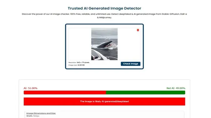 <p>Gambar tangkapan layar penelusuran foto menggunakan situs aidetectcontent.com.</p>