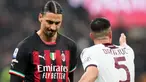 Reaksi pemain AC Milan Zlatan Ibrahimovic (kiri) dan pemain Salernitana Flavius Daniliuc pada pertandingan sepak bola Serie A Liga Italia di Stadion San Siro, Milan, Italia, 13 Maret 2023. Pertandingan berakhir imbang dengan skor 1-1. (AP Photo/Luca Bruno)