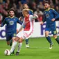 Penyerang Ajax Amsterdam, Kasper Dolberg (tengah) saat beraksi kontra Celta Vigo pada ajang Liga Europa 2016-2017, di Amsterdam Arena (3/11/2016). Dolberg menjadi incaran Manchester City.  (Reuters/Toussaint Kluiters)