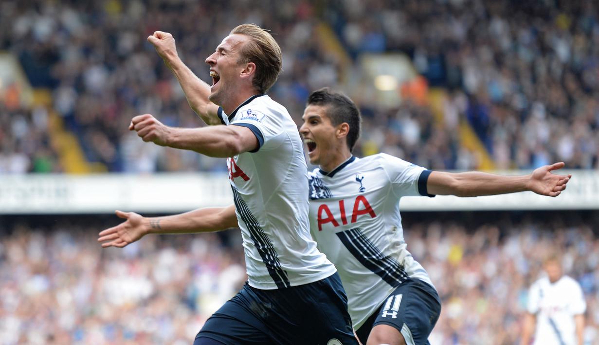 Striker Tottenham, Harry Kane merayakan gol yang dicetaknya ke gawang Manchester City pada laga Liga Inggris di Stadion White Hart Lane, London, Sabtu (26/9/2015). (Action Images via Reuters/Tony O'Brien)