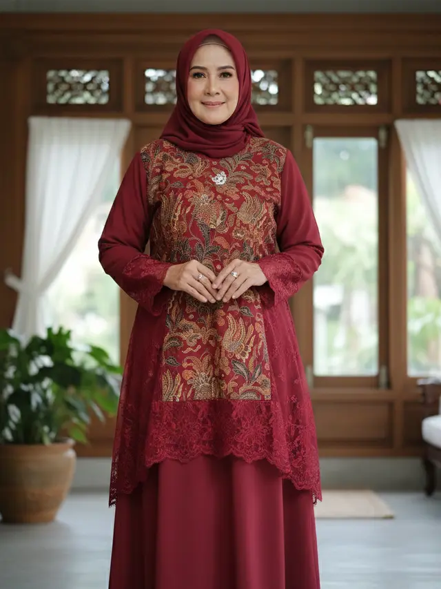 Gamis Batik Brokat Warna Maroon untuk Ibu 50 Tahun (Foto: Gemini AI)
