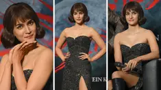 Foto kolase aktris Bollywood Kriti Sanon saat menghadiri peluncuran trailer film berbahasa Hindi mendatangnya 'Bhediya' di Mumbai pada 19 Oktober 2022. (AFP/Sujit Jaiswal)