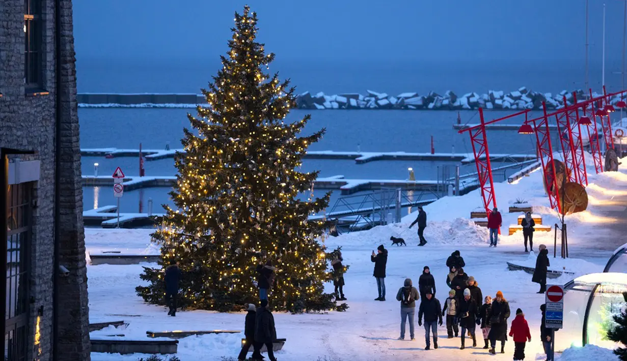 <p>Orang-orang berjalan mengelilingi pohon cemara yang dihias untuk perayaan Natal dan Tahun Baru di Pelabuhan Noblessner, Teluk Tallinn, Estonia, 16 Desember 2023. (AP Photo/Pavel Golovkin)</p>