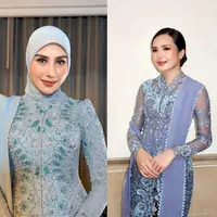 Lihat di sini beda kebaya baby blue Syahnaz Sadiqah dan Beby Tsabina saat menghadiri pelantikan kepala daerah. [@syahnazs/@bebytsabina].