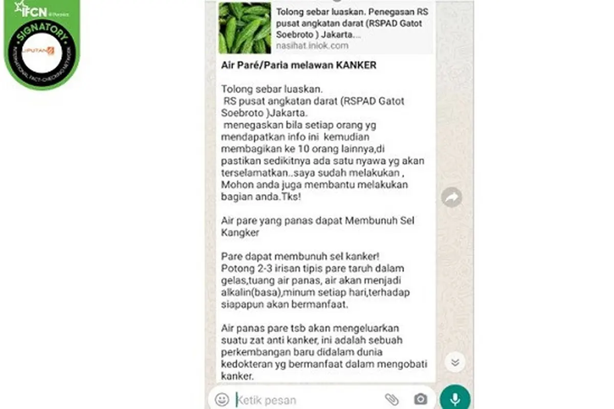 Gambar Tangkapan Layar Klaim Air Rebusan Pare Dapat Membunuh Sel Kanker (sumber: WhatsApp)
