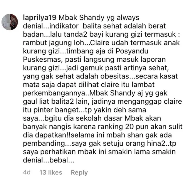 Unggahan Shandy Aulia soal warganet yang menghina anaknya. (Foto: Instagram @shandyaulia)