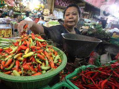 Aktivitas pedagang cabai di pasar Kebayoran Lama, Jakarta, Kamis (6/2/2020). Harga cabai dan bawang putih mengalami kenaikan hingga mencapai dua kali lipat akibat musim hujan. (Liputan6.com/Angga Yuniar)
