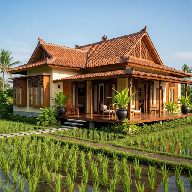 Model Rumah Desa di Lahan Bekas Sawah yang Subur