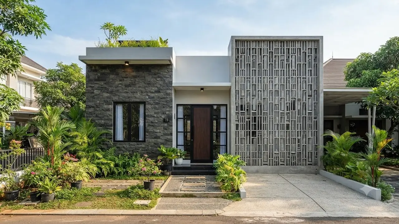 Model Fasad Rumah dengan Perpaduan Roster dan Batu Andesit yang Elegan
