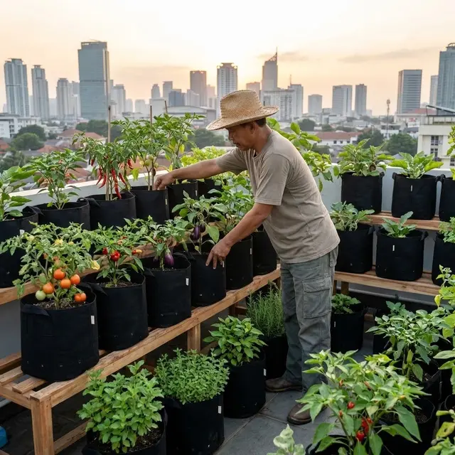 Rooftop Garden Budidaya Sayuran dalam Planter Bag (Gemini AI)