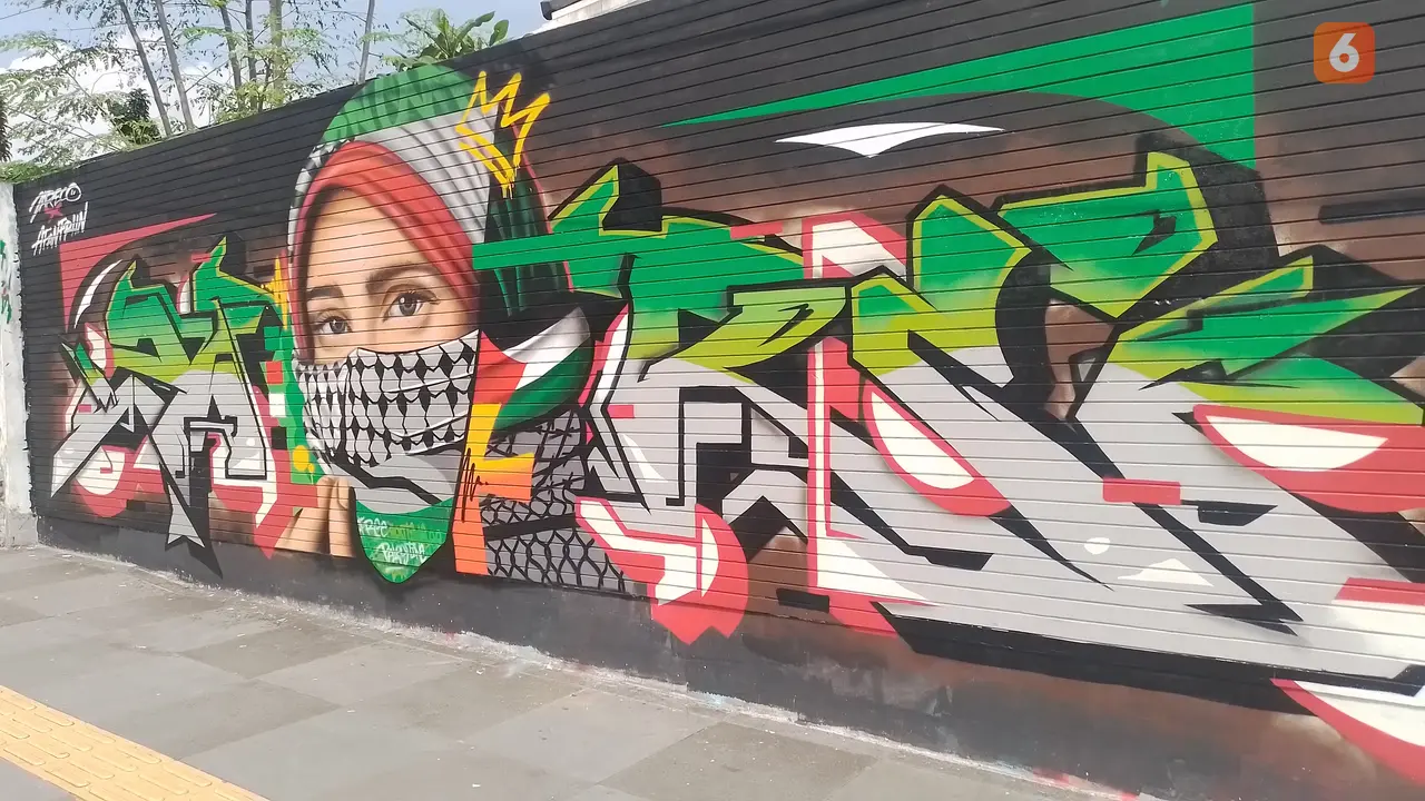Graffiti dan mural bergambar simbol Palestina di Kota Sukabumi, Jawa Barat (Liputan6 com/Fira Syahrin).