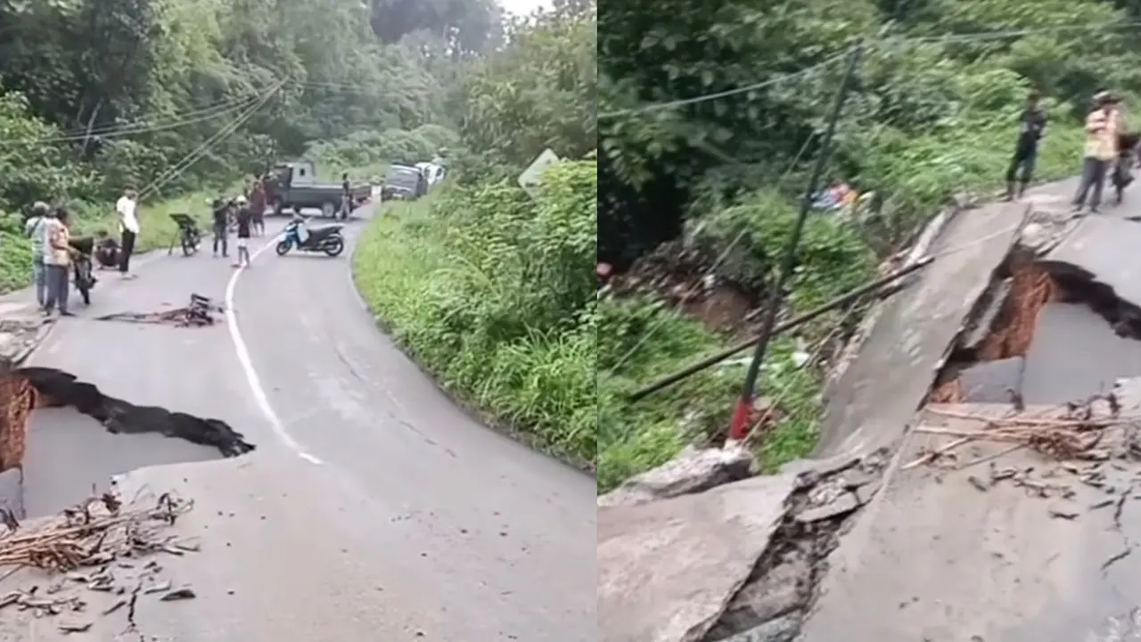 Tangkapan layar rekaman amatir warga memeperlihatkan kondisi jalan penghubung Liwa-Ranau terputus.