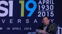 Ketua Umum PSSI 2015-2019, La Nyalla Mattalitti memberikan pidato pada perayaan ulang tahun PSSI ke-85 di Surabaya, Minggu (19/4/2015). La Nyalla Mattalitti terpilih sebagai Ketua Umum PSSI pada Kongres Surabaya 2015. (Liputan6.com/Helmi Fithriansyah)