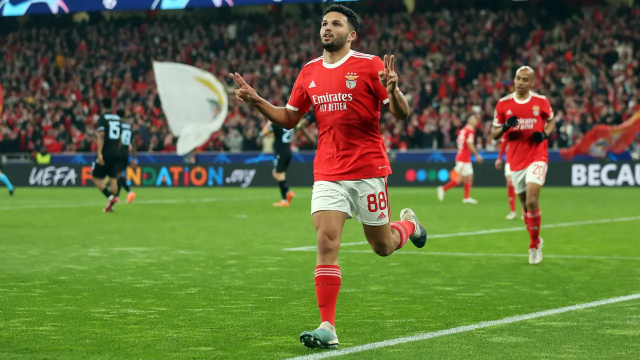 Selebrasi pemain Benfica Goncalo Ramos saat menjebol gawang Club Brugge