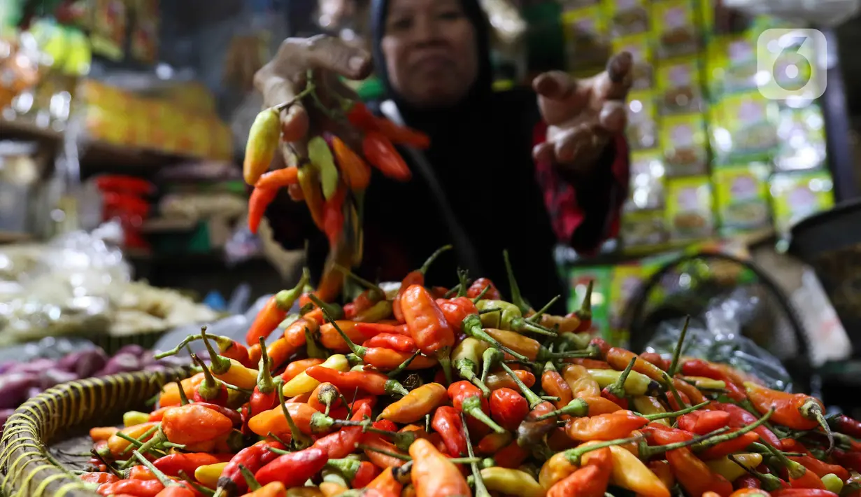 Pedagang menata cabai rawit dagangannya di pasar Cibubur, Jakarta, Rabu (6/12/2023). (Liputan6.com/Herman Zakharia)