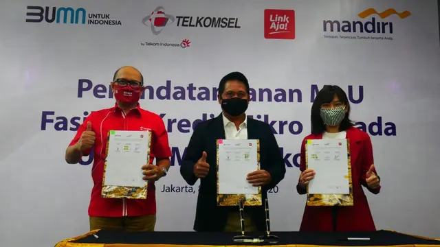 Bank Mandiri bersinergi dengan Telkomsel dan LinkAja dalam menyalurkan fasilitas kredit mikro bagi mitra Telkomsel melalui Digipos. (Dok Bank Mandiri)