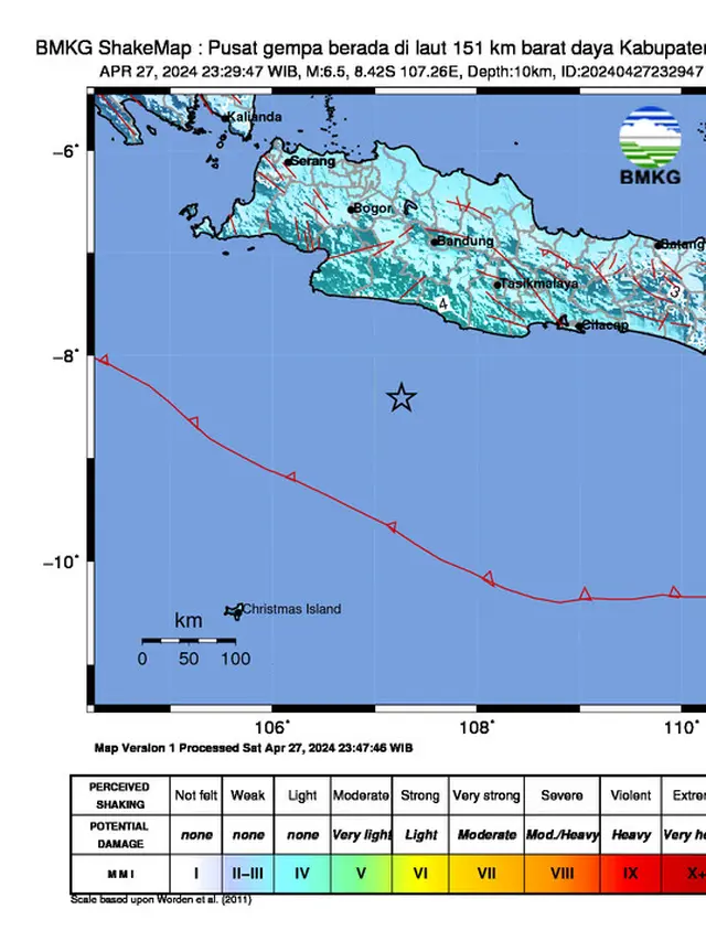 Gempa M 6,5 barat daya Garut, Jawa Barat, Sabtu (27/4/2024), pukul 23:29:47 WIB. (Foto: BMKG)