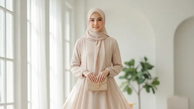 Gamis Layer Soft Champagne dengan Hijab Warna Senada