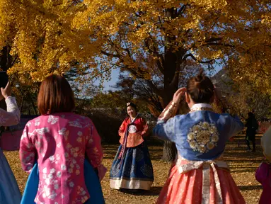 Pengunjung yang mengenakan pakaian tradisional hanbok berpose untuk foto di bawah pohon ginkgo di istana Gyeongbokgung di Seoul (31/10). Pohon Ginkgo yang berasal dari Tiongkok ini dikenal sebagai pohon rambut gadis. (AFP Photo/Ed Jones)