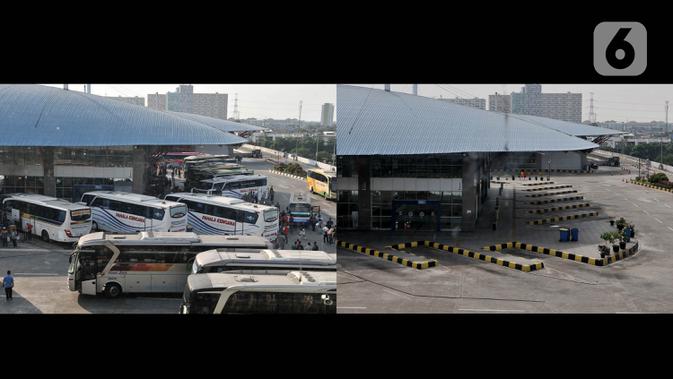 Foto kombo yang menunjukkan aktivitas pemudik pada H-8 Idul Fitri tahun lalu di Terminal Pulo Gebang, Jakarta, Selasa (28/5/2019) dan suasana sepi arus mudik akibat pandemi virus corona COVID-19 di Terminal Pulo Gebang, Minggu (17/5/2020). (merdeka.com/Iqbal S. Nugroho)