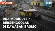 Senggolan terjadi antara 2 mobil Jeep di kawasan Bromo, Probolinggo. Terekam CCTV, dua mobil Jeep berjalan di jalan yang berbelok-belok