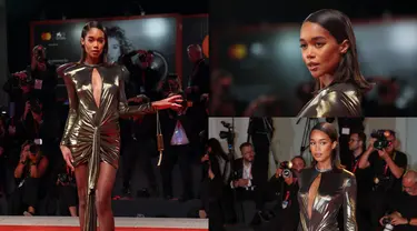 Laura Harrier berpose untuk fotografer setibanya pada pemutaran perdana film 'The Whale' dalam Venice Film Festival edisi ke-79 di Venesia, Italia, 4 September 2022. Laura Harrier mencuri perhatian dengan tampil mengenakan gaun mini metalik. (Photo by Vianney Le Caer/Joel C. Ryan/Invision/AP)