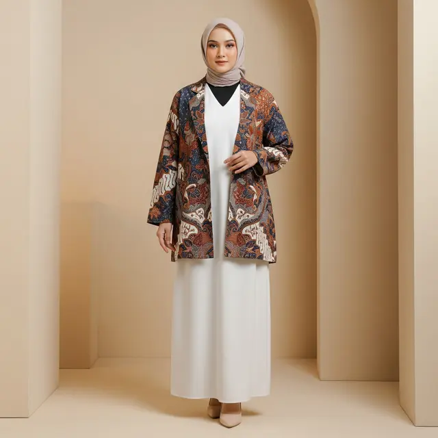 Model Gamis Polos Kombinasi Blazer Batik
