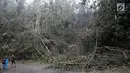 Akses jalan menuju Dusun Sogra yang dipenuhi pohon tumbang dan abu vulkanik di Desa Sebudi, Karangasem, Bali, Minggu (3/12). (Liputan6.com/Immanuel Antonius)